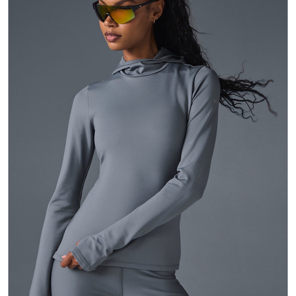 Women's airlift winter warm hooded runner -  Gray Long Sleeve Top- steel gray
